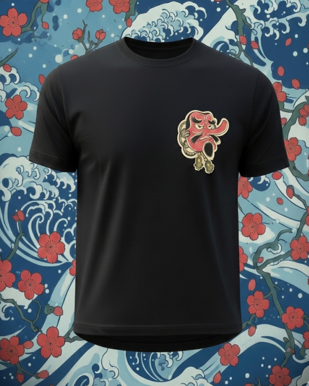 Vista frontal y trasera de camiseta negra con diseño de máscara Tengu japonesa. A la izquierda se muestra el detalle del logo en el pecho y a la derecha el diseño de arte japonés a gran escala en la espalda sobre un fondo de ondas y flores de cerezo.