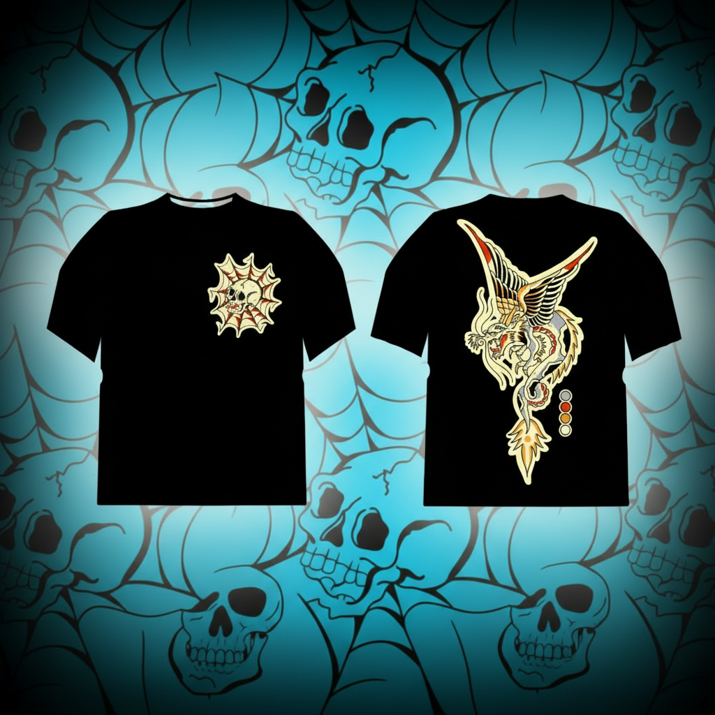 Camiseta Ryūkotsu de Tattoo Roots: diseño frontal de calavera en telaraña y espalda con dragón japonés, colección Rebel Soul