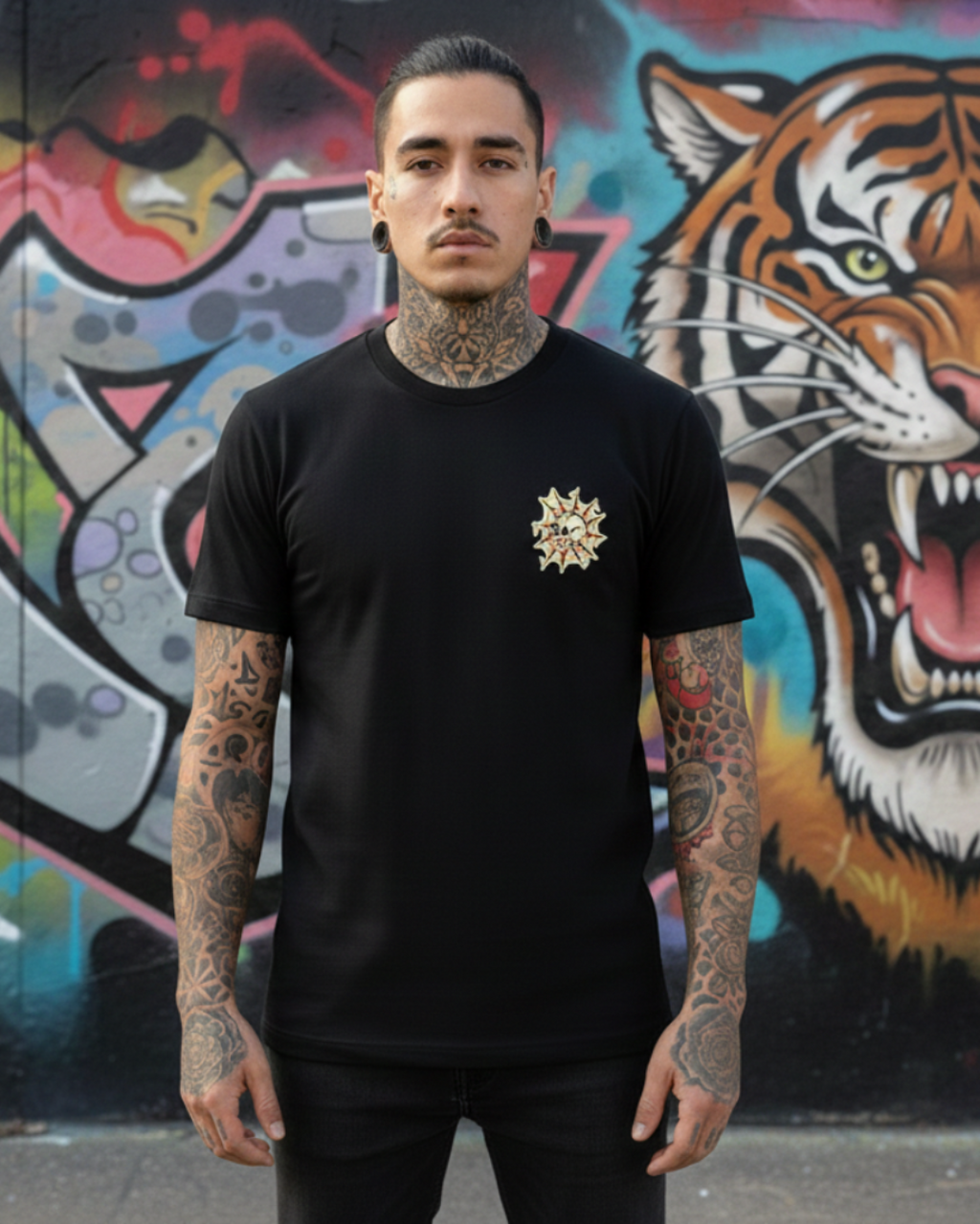 Modelo con camiseta Ryūkotsu de Tattoo Roots, destacando el arte de calavera frontal en estilo tatuaje tradicional