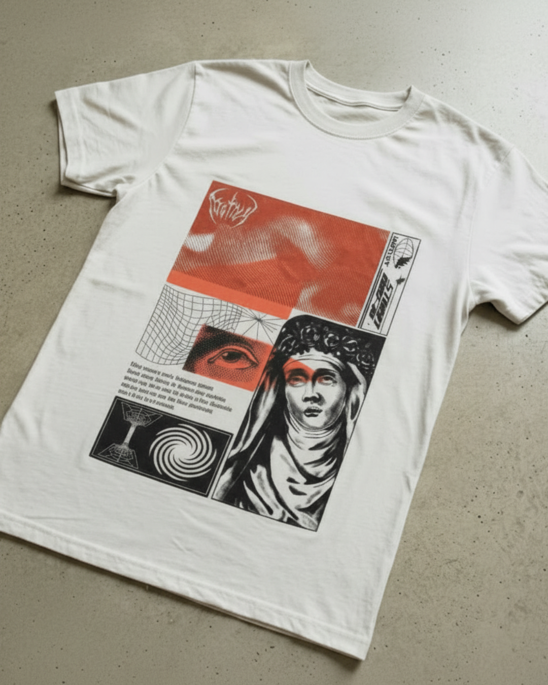 Camiseta Duality Divine de Motley, colección Cruda Vibra. Diseño con estética alquímica y frase "Como es arriba es abajo" en fondo neutro.