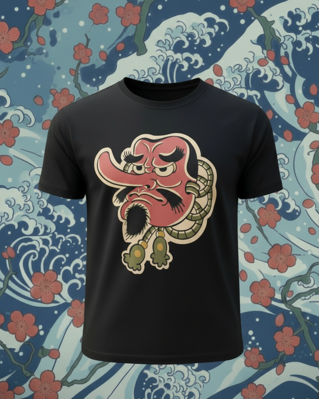 Vista trasera de camiseta negra con diseño grande de máscara japonesa Tengu de nariz larga y detalles verdes, fondo artístico de la gran ola y cerezos.