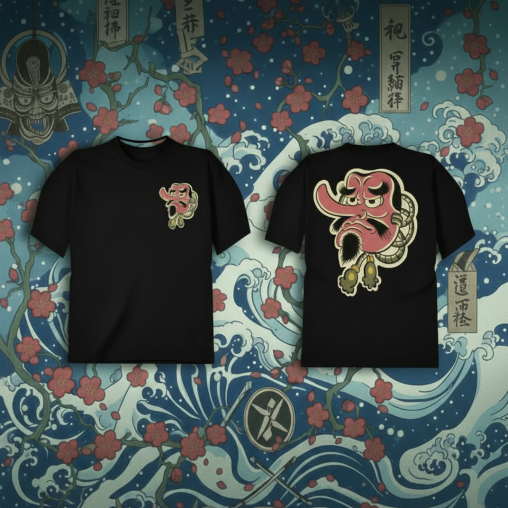 Vista frontal y trasera de la camiseta negra Wrath of Tengu. A la izquierda se aprecia el logo pequeño en el pecho y a la derecha el diseño artístico principal de la máscara Tengu en la espalda, estilo japonés tradicional.
