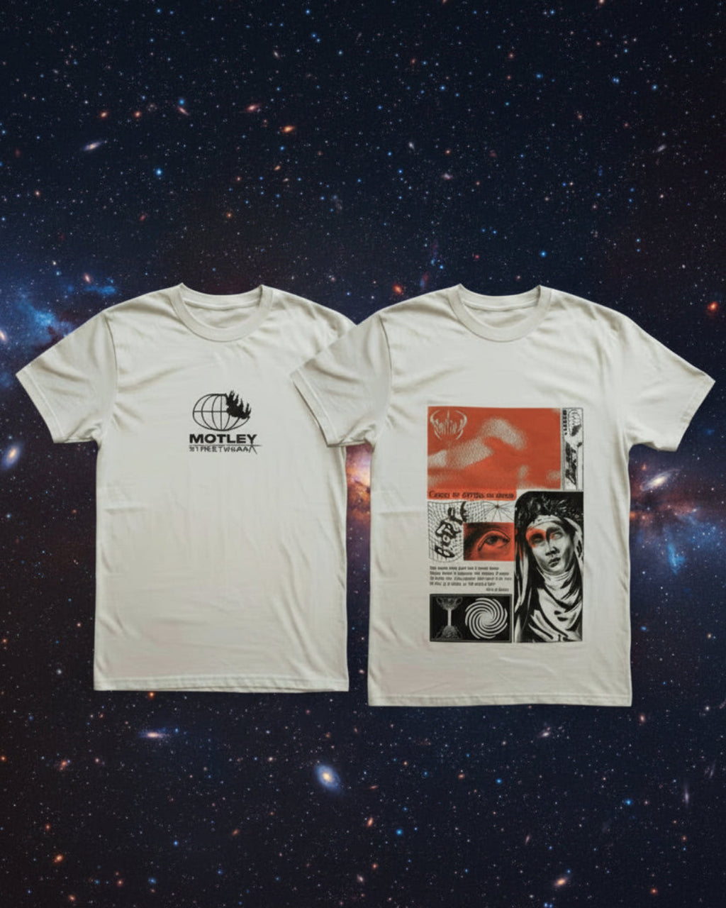 Diseño conceptual de la camiseta Duality Divine de frente y espalda sobre fondo estelar, simbolizando la dualidad humana y el cosmos.
