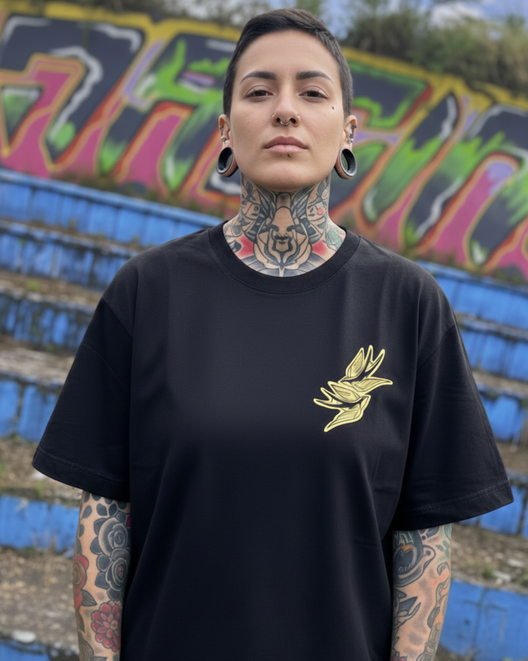Modelo mujer usando camiseta negra Tattoo Roots con diseño de golondrina. Streetwear unisex de corte holgado con arte de tatuadores colombianos en exteriores.