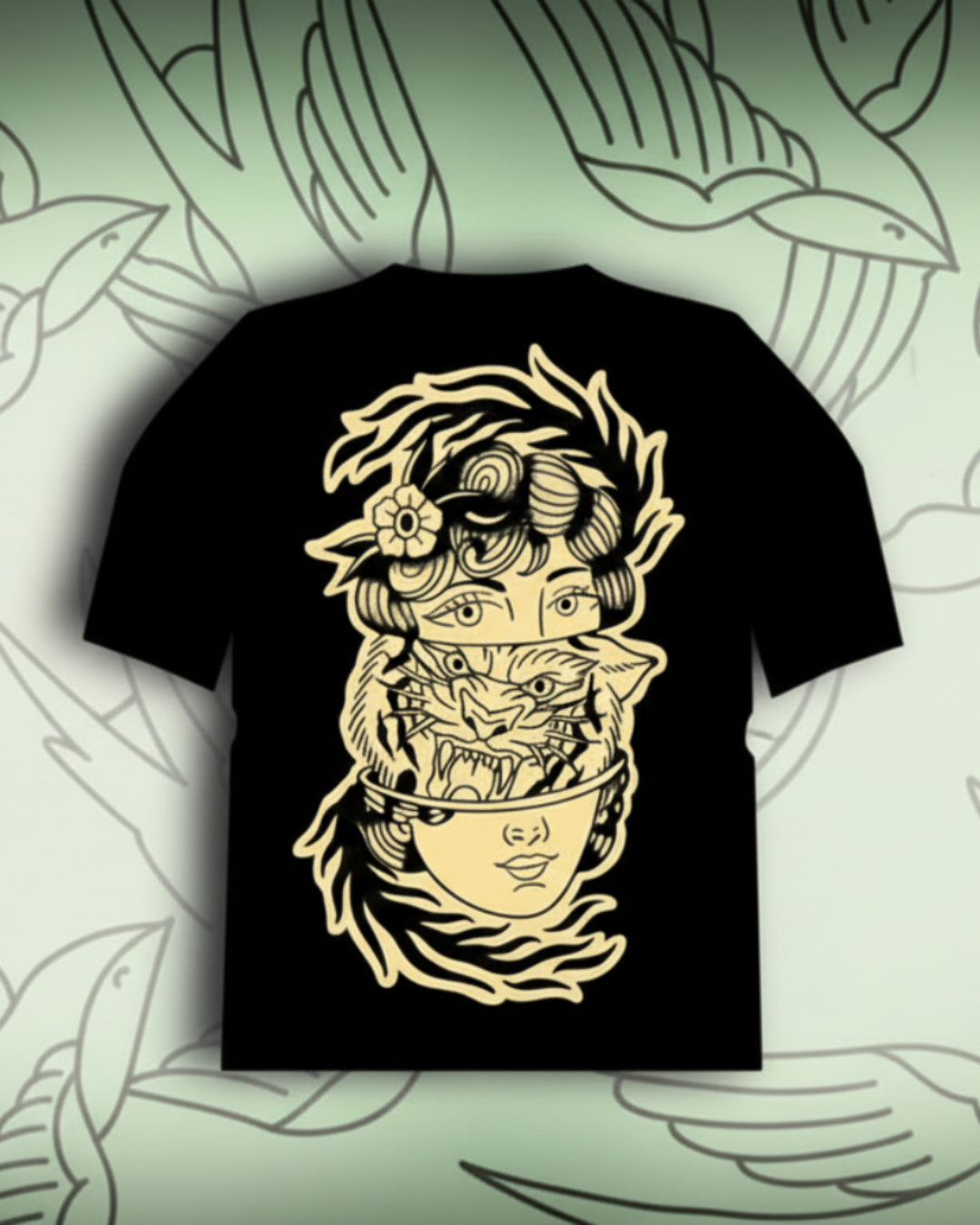 Camiseta negra con ilustración neotradicional en la espalda: rostro de mujer dividido con tigre y flores. Arte original de tatuadores para Tattoo Roots.