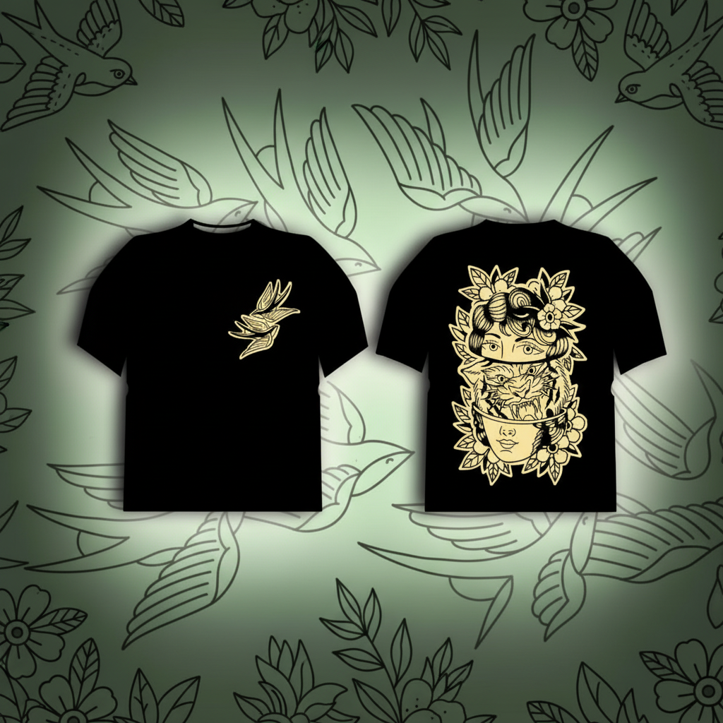 Vista frontal y posterior de camiseta negra Tattoo Roots: diseño de golondrina y composición artística de mujer con tigre. Streetwear premium hecho en Colombia.