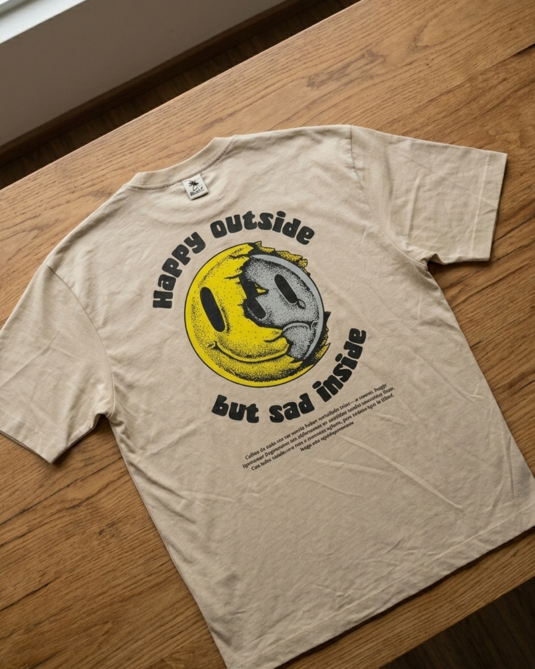 Camiseta Grin & Grit extendida sobre madera, color arena, lista para despacho, tienda tattoo roots, diseño de espalda principal