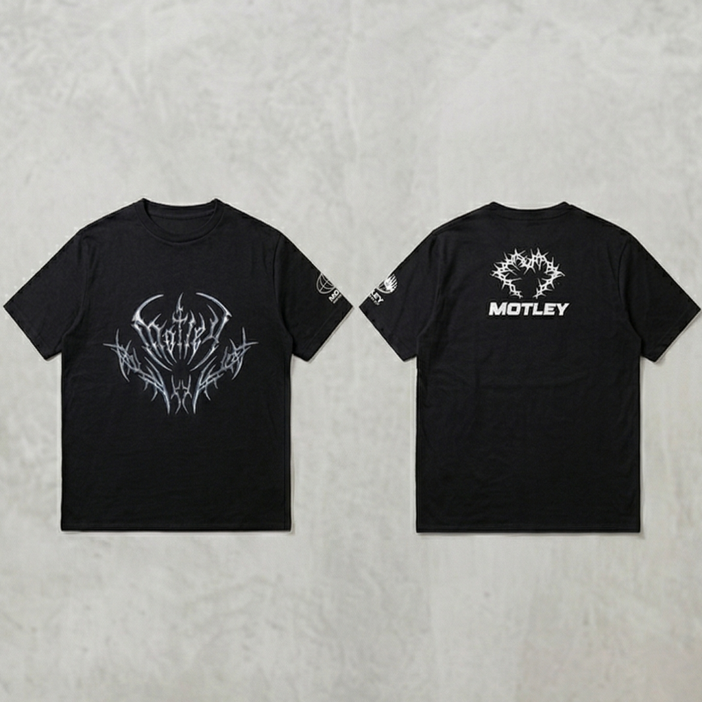 Una composición de dos imágenes que muestra el frente y la espalda de una camiseta negra de manga corta sobre un fondo gris texturizado. El frente presenta un diseño gráfico metálico plateado de estilo tribal, y la espalda muestra un gráfico de espinas blancas con la palabra "MOTLEY" debajo.
