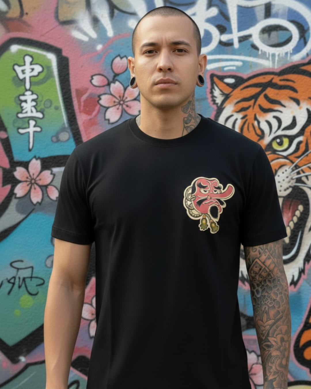 Plano medio de modelo masculino de frente con tatuajes extensos en el brazo y cuello, usando camiseta negra de algodón con el logo pequeño de máscara japonesa Tengu en el pecho. El fondo es un mural de graffiti detallado con un tigre y cerezos.