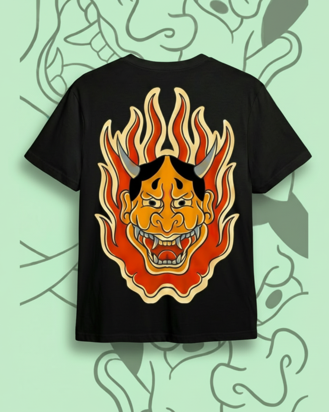 Camiseta de streetwear Oni no Hono con ilustración de demonio japonés en la espalda y llamas vibrantes. Calidad premium.